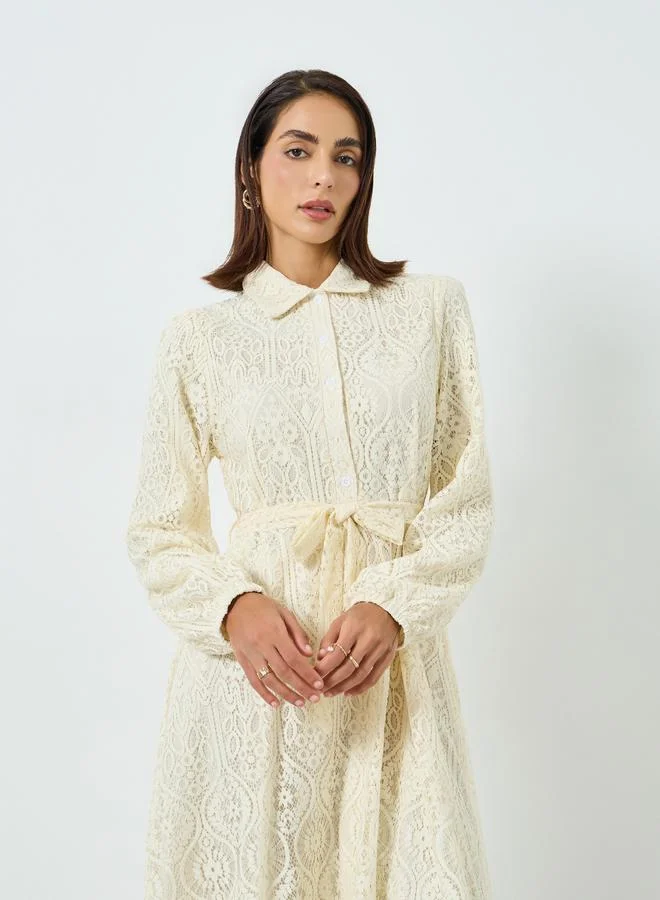 تايك تو فستان طويل دانتيل بياقة بولو بيج